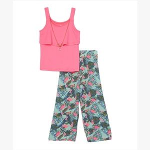 One Step Up Pink Palm Fronds Tank & Palazzo Pants Outfit Girls Size M 10